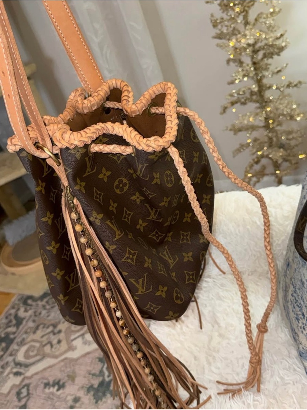 Louis Vuitton Monogram Drawstring Bucket Bag with Tan Braided Trim and Fringe - Picture 4 of 11